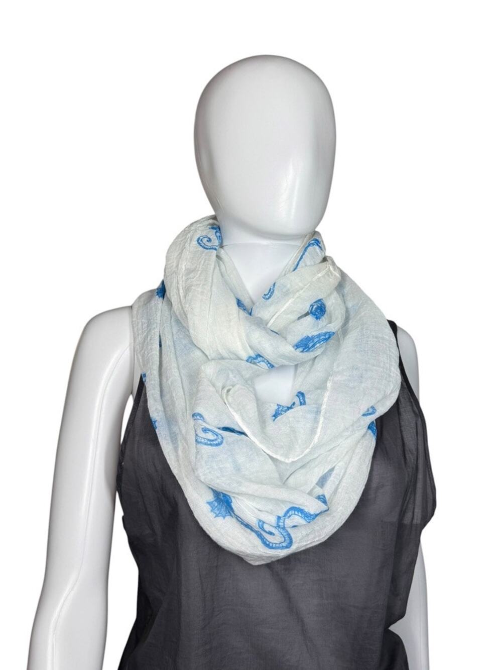 Seahorse Infinity Scarf White Gauzy Airy Lightweight Loop With Blue Print
